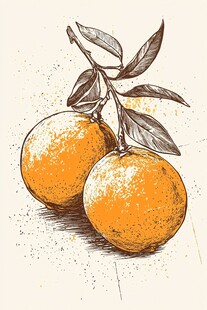 手绘双橙带枝叶插画