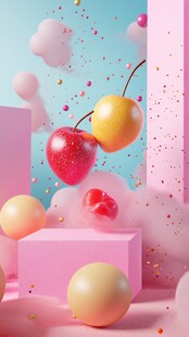 梦幻樱桃悬浮于多彩空间