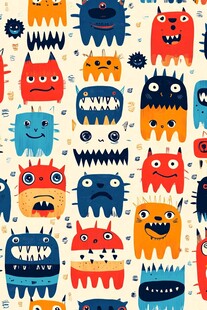 可爱多彩小怪兽无缝图案