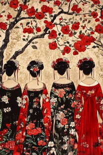 四位古风女子与繁花相依