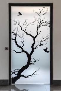 树枝飞鸟玻璃门艺术图案