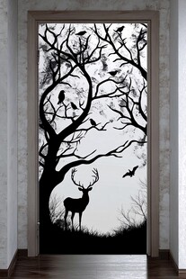 黑白森林中鹿与飞鸟剪影