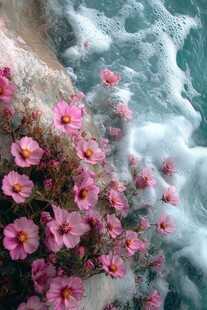 海边绽放的粉色烂漫花朵