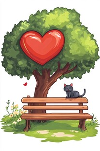 树下长椅旁的黑猫与爱心