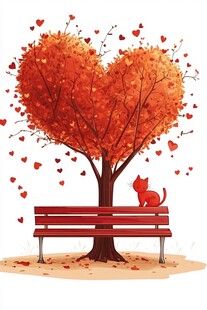 心形树下的猫咪长椅