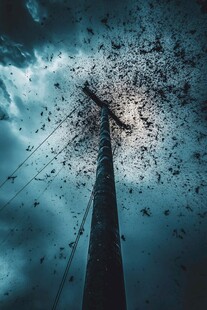 电杆上群集的飞鸟景观