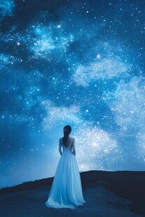 女子着白裙仰望璀璨星空