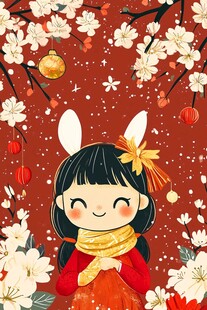 红衣萌兔贺春图
