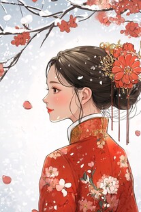 红衣佳人赏雪倚花枝