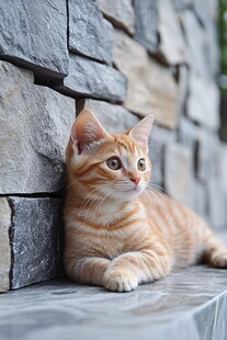 橘猫靠墙休憩的可爱瞬间