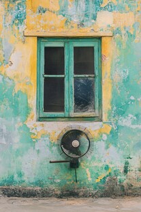 老旧墙面的绿窗与风扇