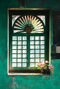 复古绿窗与娇艳小花