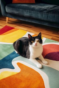 黑白猫咪趴彩色地毯上