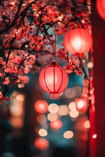 红灯笼映繁花夜色迷人