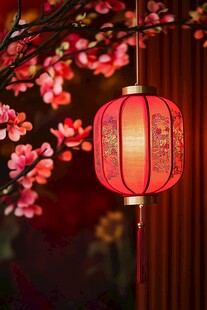 红灯笼映粉花春意浓