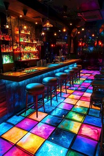 炫彩灯光下的时尚酒吧吧台