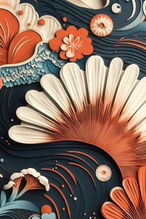 日式纸艺风花卉海浪图案