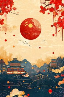 中秋月夜中式山水美景