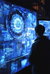 男子凝视科技感数据屏幕