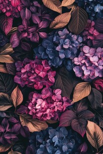 梦幻多彩绣球叶花图案