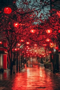 雨夜红灯映繁花街道