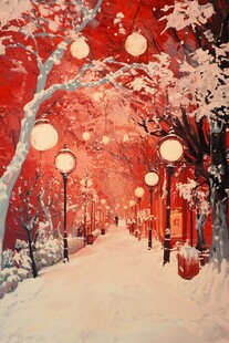雪夜红灯 浪漫静谧的街道景