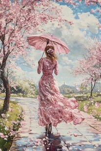 漫步樱花下的优雅女士