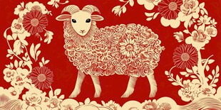 红底羊与花卉吉祥图案
