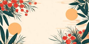 中式植物与落日边框插画