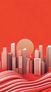红色城市景观与落日景象