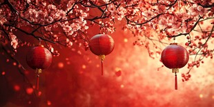 红灯笼映繁花喜庆氛围