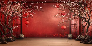 中式红墙下的繁花灯笼景