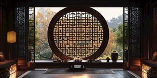 中式典雅茶室 窗外秋景如画