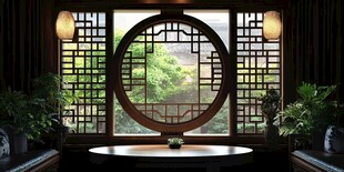 中式圆窗茶室静谧景致