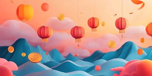 梦幻山水间的灯笼与福币