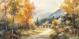 秋日山林中的静谧小屋