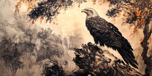 雄鹰立于山林间图景