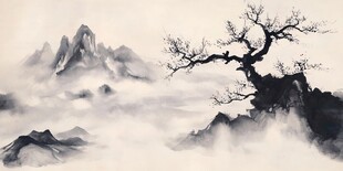 水墨孤松映远山