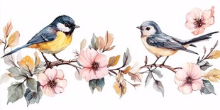 花鸟相依水彩绘