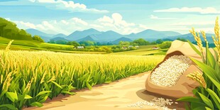 金黄稻田旁的丰收粮袋