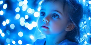 梦幻蓝灯下的可爱小女孩