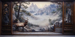 中式山水麋鹿屏风壁画