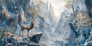 崖边神鹿栖于奇幻山林间