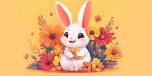 可爱白兔置身缤纷花丛中