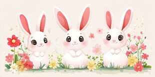 三只萌兔置身烂漫花丛中