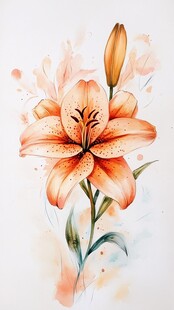 橙色百合花水彩插画