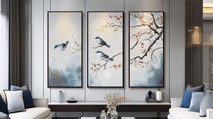 新中式客厅三联花鸟装饰画