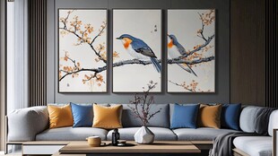 中式客厅三联花鸟装饰画