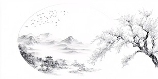 水墨山水景 孤树飞鸟图