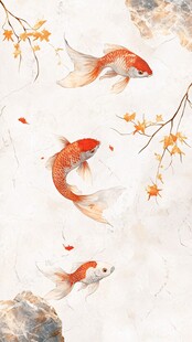 水墨金鲤戏秋叶图